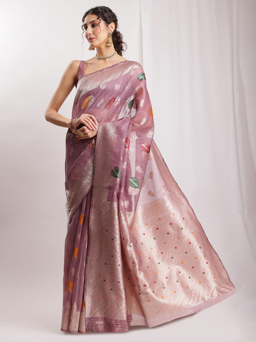 Janasya Mauve Linen Blend Floral Jacquard Saree - Distacart