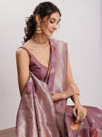 Janasya Mauve Linen Blend Floral Jacquard Saree - Distacart