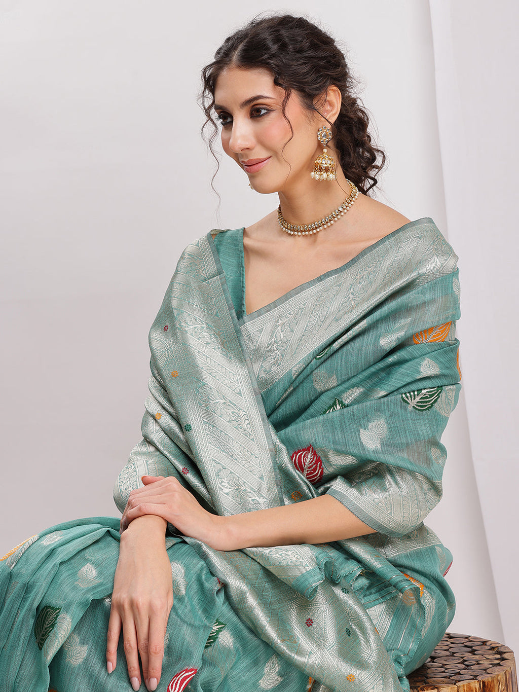 Janasya Sea Green Linen Blend Floral Jacquard Saree - Distacart