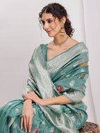 Janasya Sea Green Linen Blend Floral Jacquard Saree - Distacart