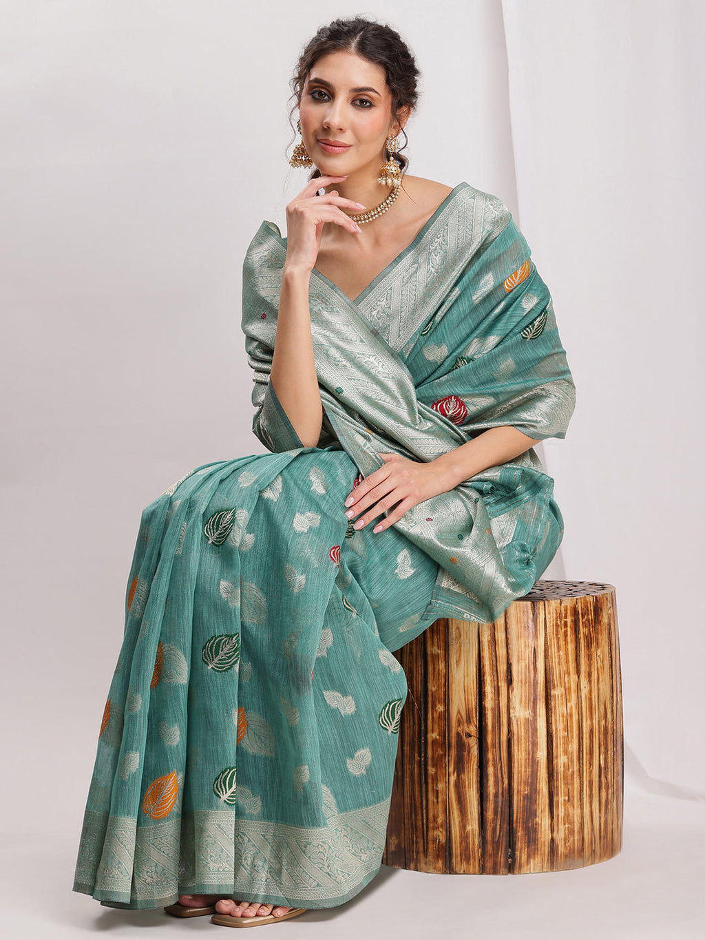 Janasya Sea Green Linen Blend Floral Jacquard Saree - Distacart