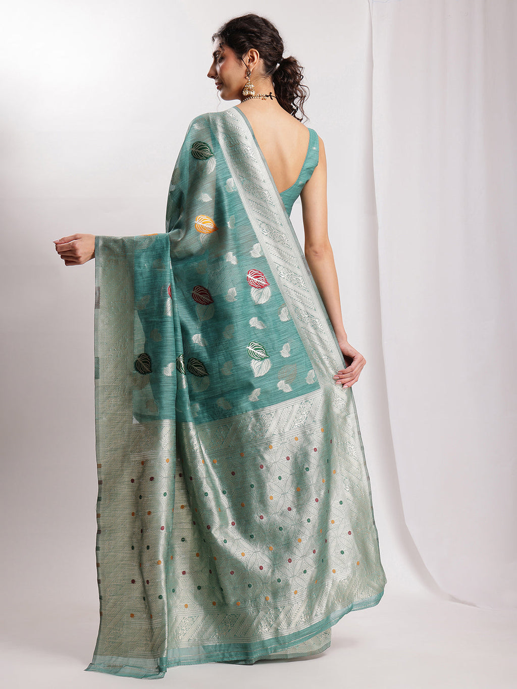 Janasya Sea Green Linen Blend Floral Jacquard Saree - Distacart