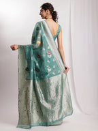Janasya Sea Green Linen Blend Floral Jacquard Saree - Distacart