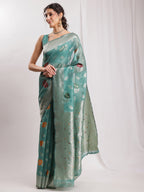 Janasya Sea Green Linen Blend Floral Jacquard Saree - Distacart