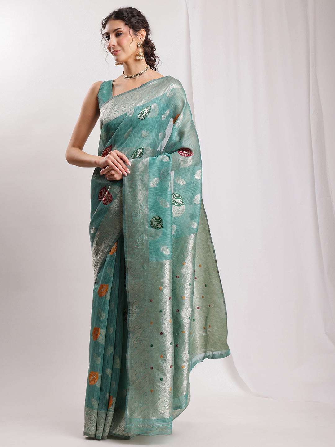 Janasya Sea Green Linen Blend Floral Jacquard Saree - Distacart