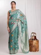 Janasya Sea Green Linen Blend Floral Jacquard Saree - Distacart