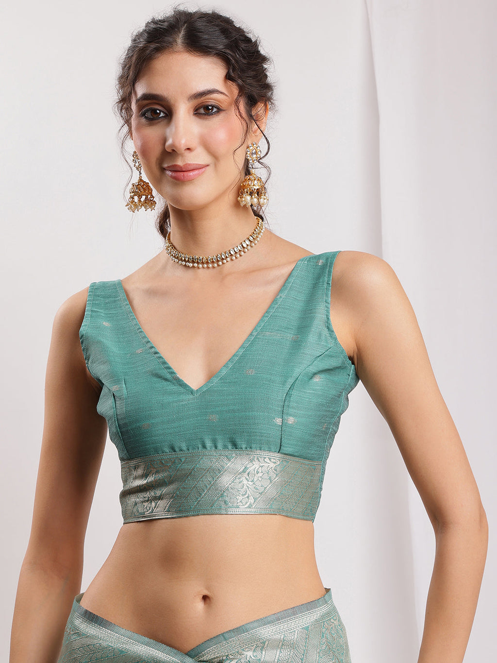 Janasya Sea Green Linen Blend Floral Jacquard Saree - Distacart