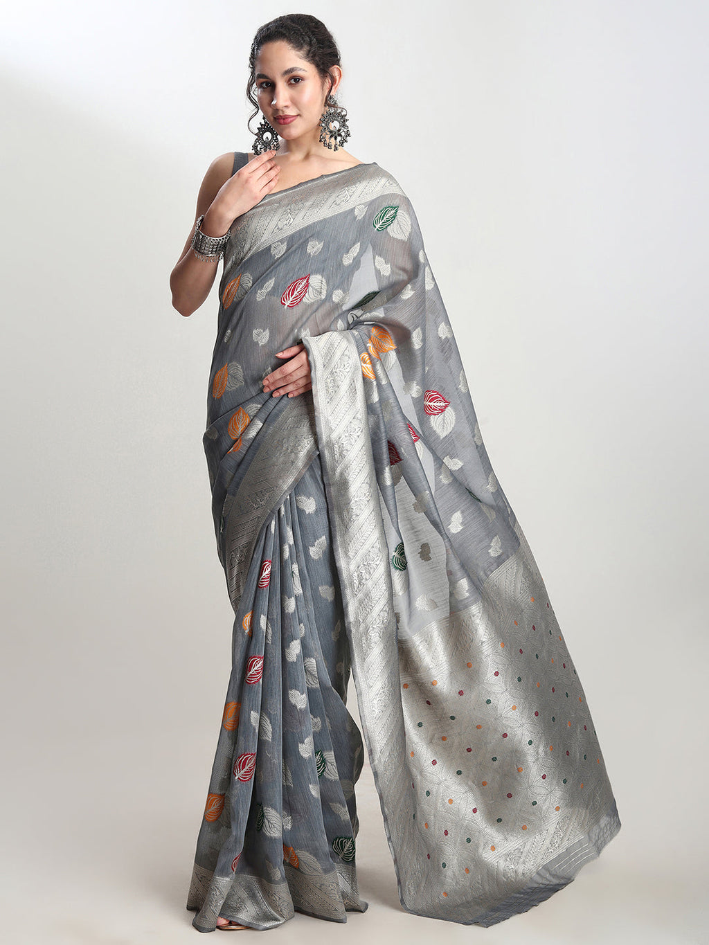 Janasya Grey Linen Blend Floral Jacquard Saree - Distacart
