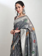 Janasya Grey Linen Blend Floral Jacquard Saree - Distacart