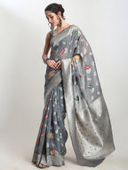 Janasya Grey Linen Blend Floral Jacquard Saree - Distacart