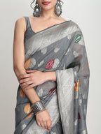 Janasya Grey Linen Blend Floral Jacquard Saree - Distacart