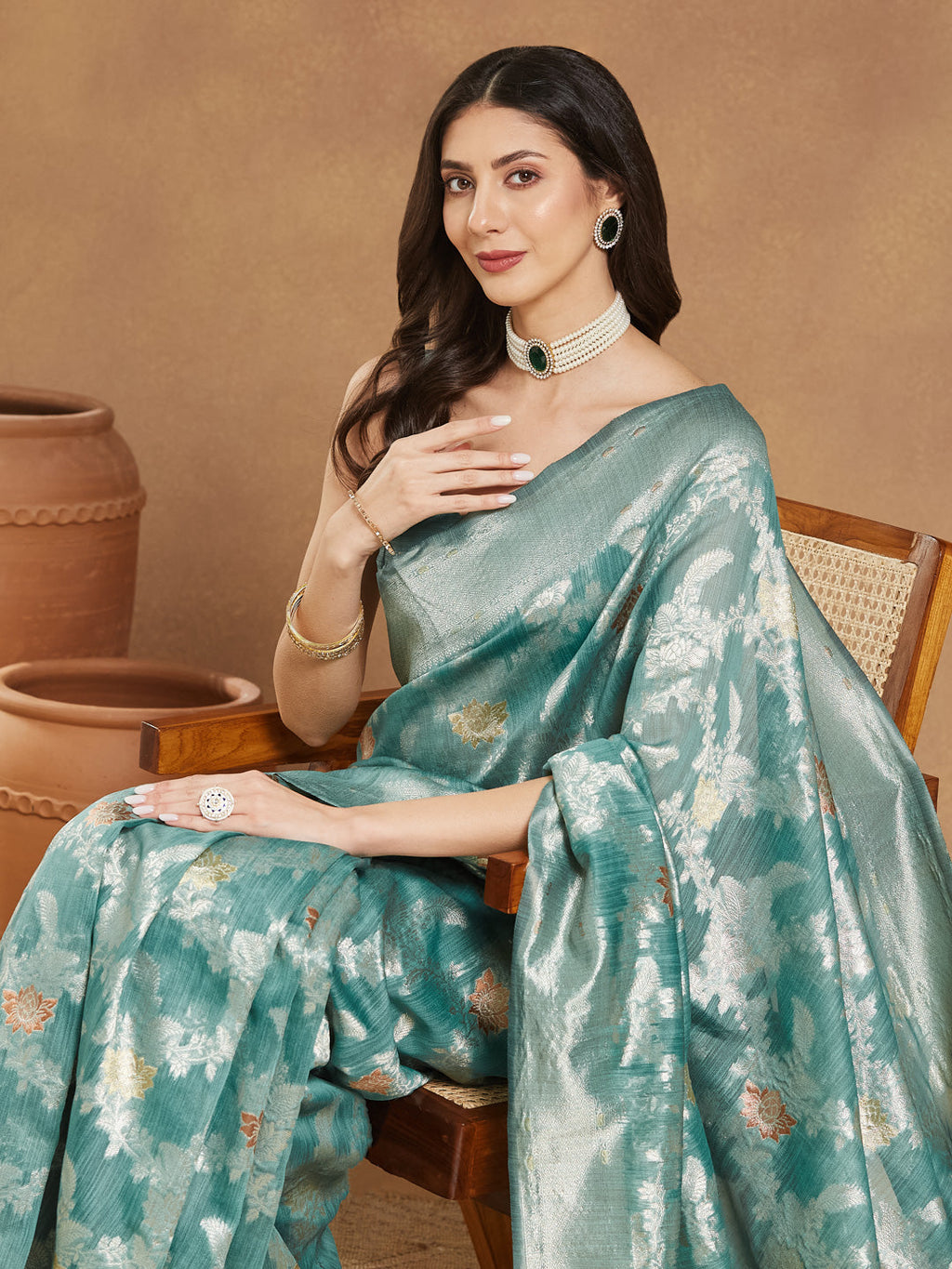 Janasya Sea Green Linen Blend Floral Jacquard Saree - Distacart