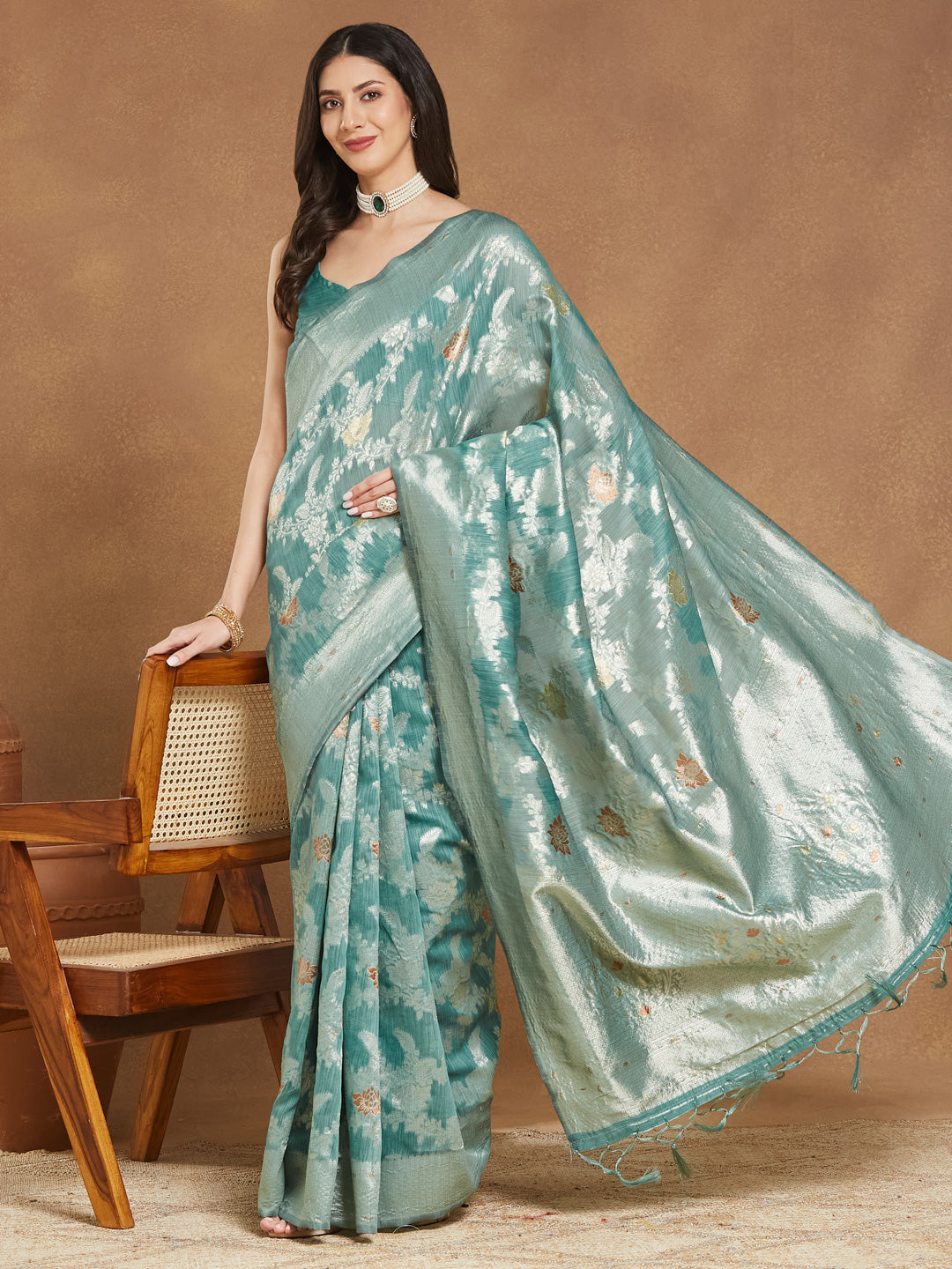 Janasya Sea Green Linen Blend Floral Jacquard Saree - Distacart