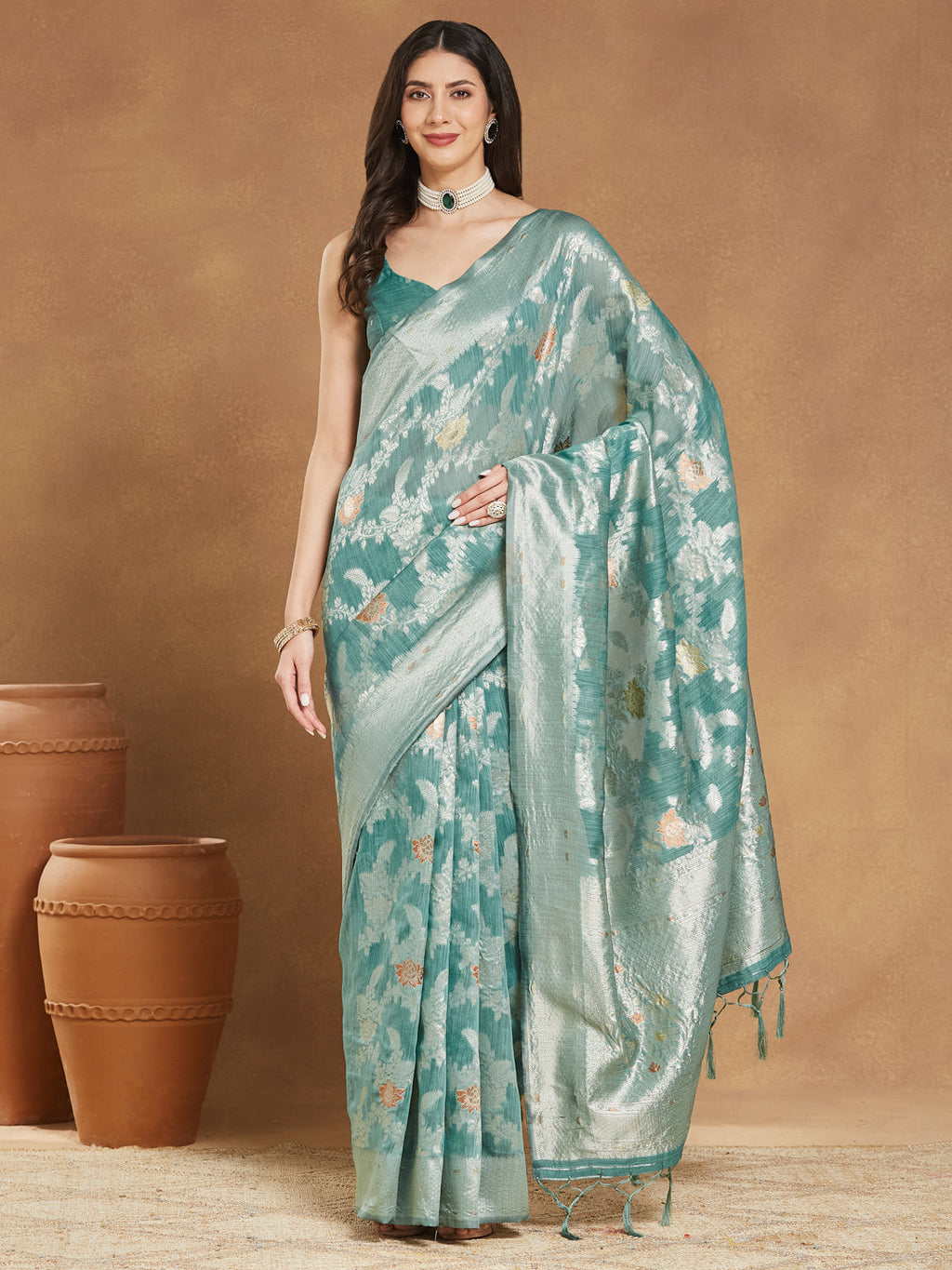 Janasya Sea Green Linen Blend Floral Jacquard Saree - Distacart