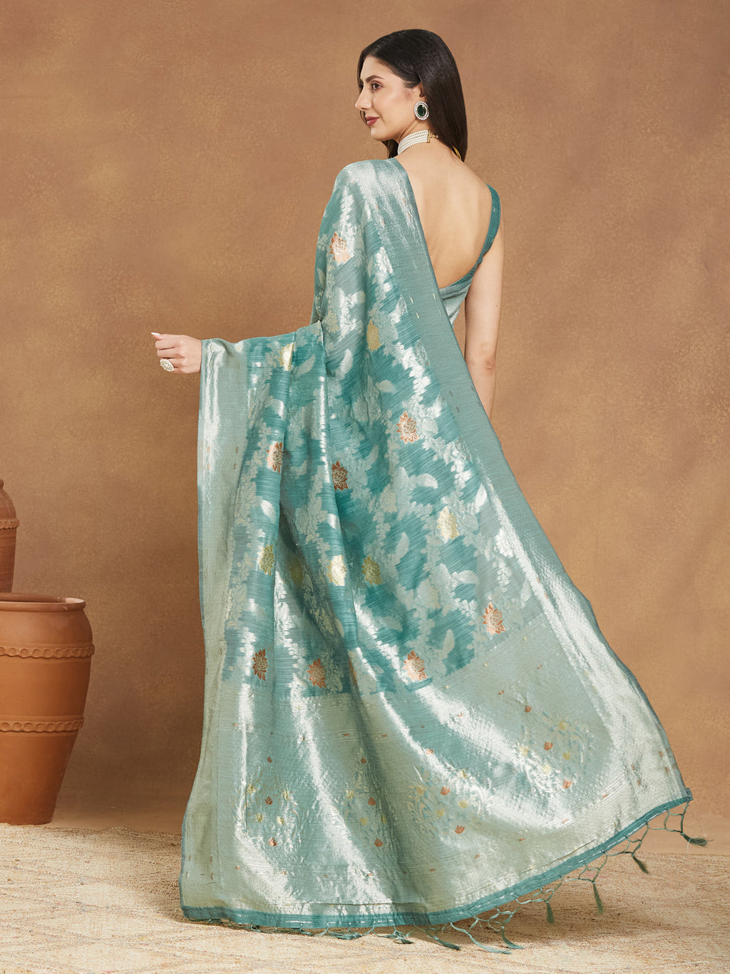 Janasya Sea Green Linen Blend Floral Jacquard Saree - Distacart