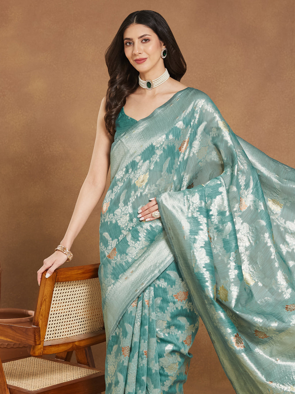 Janasya Sea Green Linen Blend Floral Jacquard Saree - Distacart