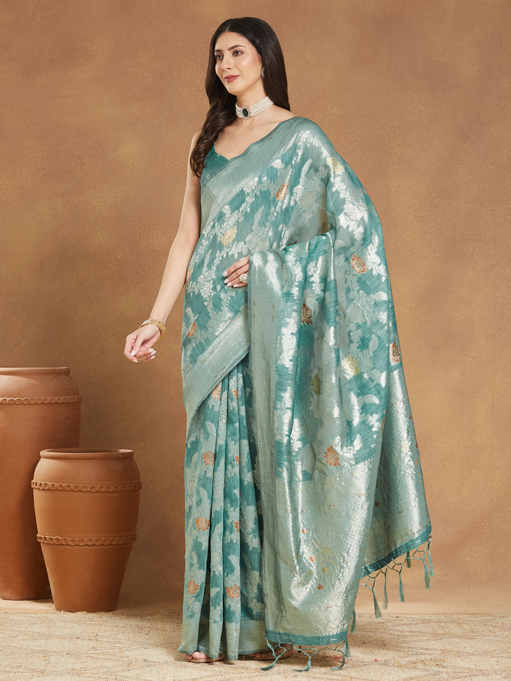 Janasya Sea Green Linen Blend Floral Jacquard Saree - Distacart