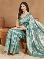 Janasya Sea Green Linen Blend Floral Jacquard Saree - Distacart