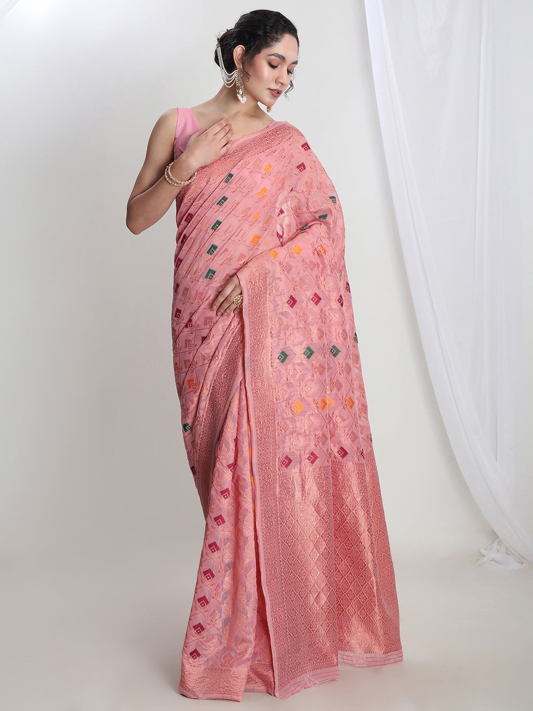 Janasya Pink Linen Blend Geometric Jacquard Saree - Distacart