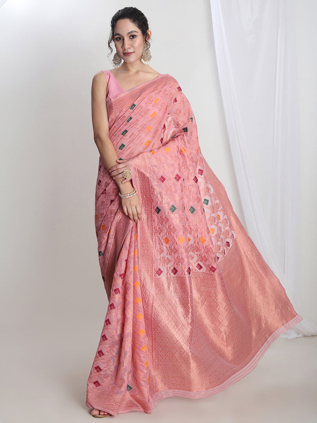 Janasya Pink Linen Blend Geometric Jacquard Saree - Distacart