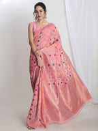 Janasya Pink Linen Blend Geometric Jacquard Saree - Distacart