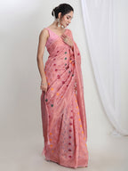 Janasya Pink Linen Blend Geometric Jacquard Saree - Distacart