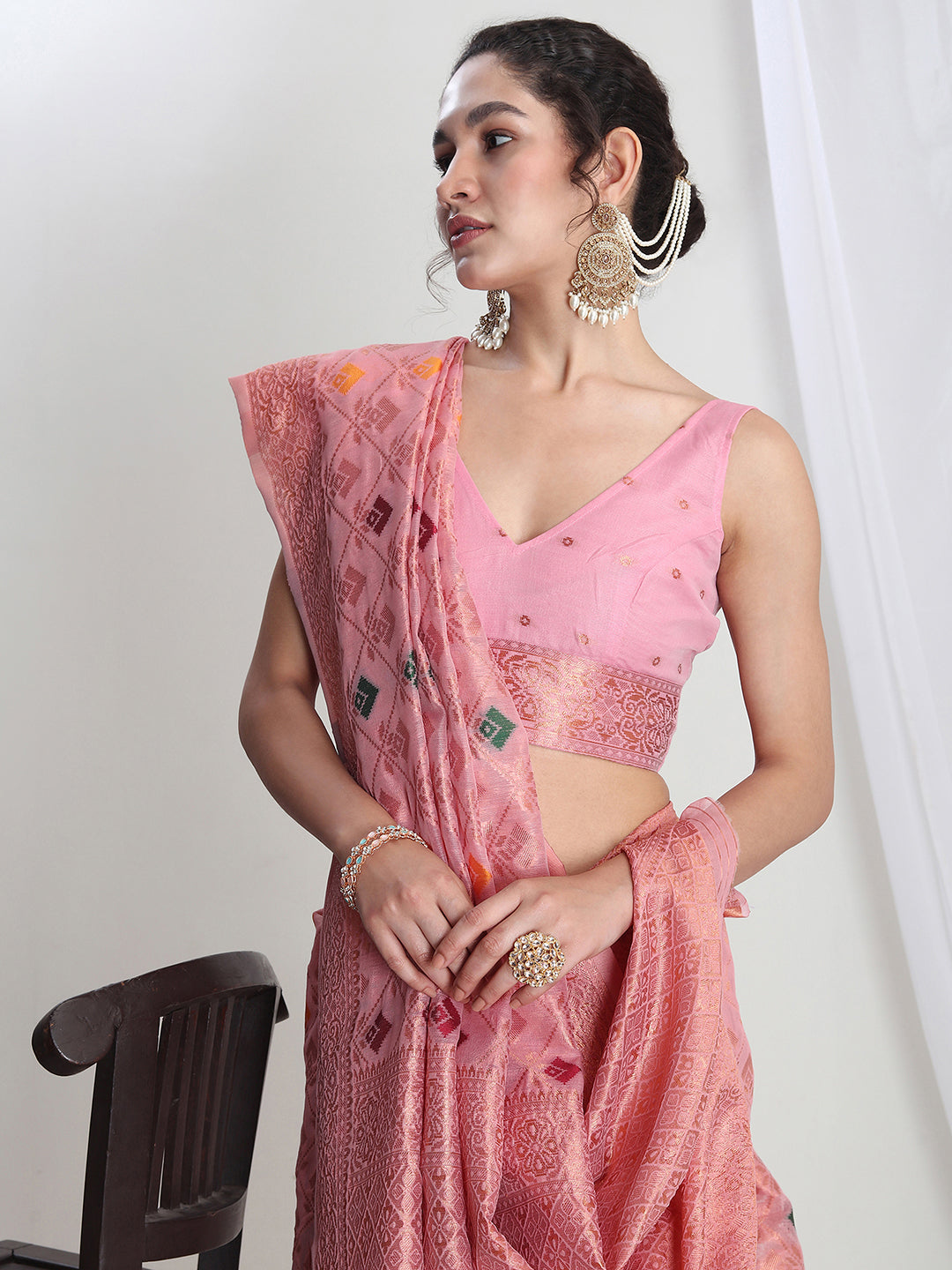 Janasya Pink Linen Blend Geometric Jacquard Saree - Distacart