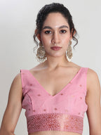 Janasya Pink Linen Blend Geometric Jacquard Saree - Distacart