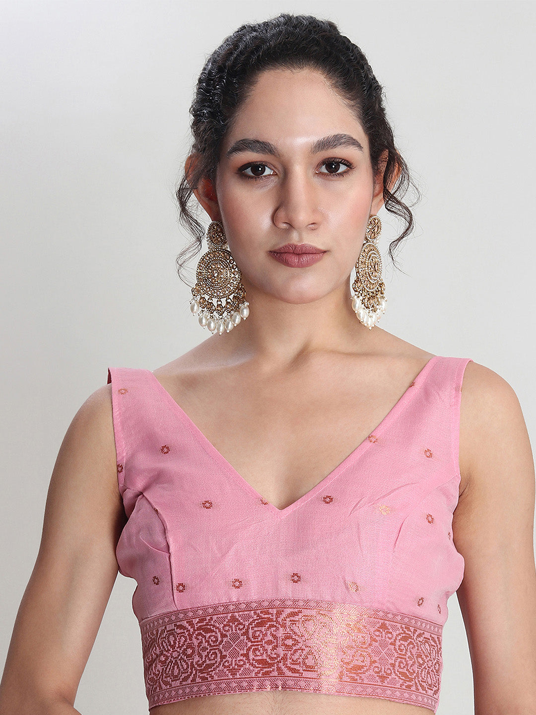 Janasya Pink Linen Blend Geometric Jacquard Saree - Distacart