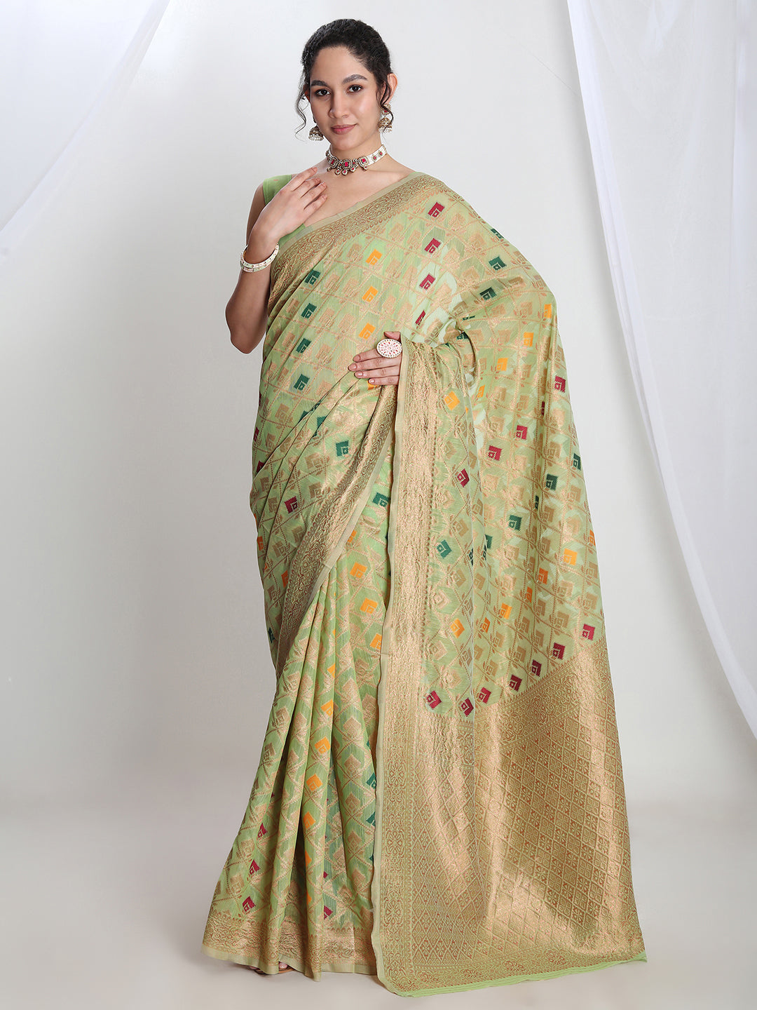Janasya Green Linen Blend Geometric Jacquard Saree - Distacart