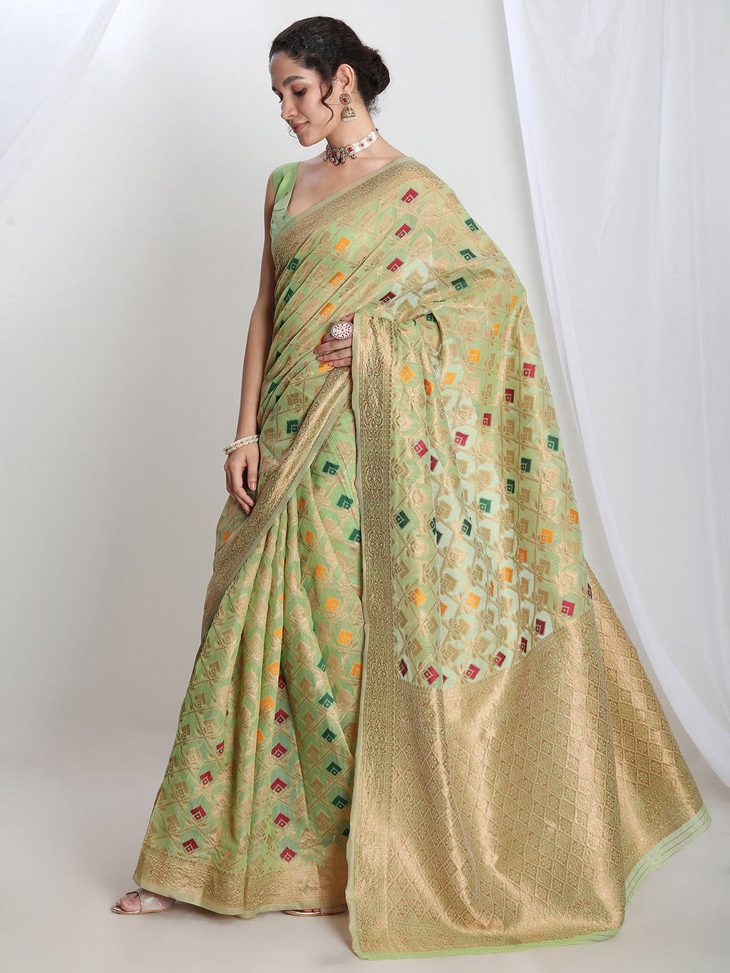Janasya Green Linen Blend Geometric Jacquard Saree - Distacart