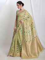 Janasya Green Linen Blend Geometric Jacquard Saree - Distacart