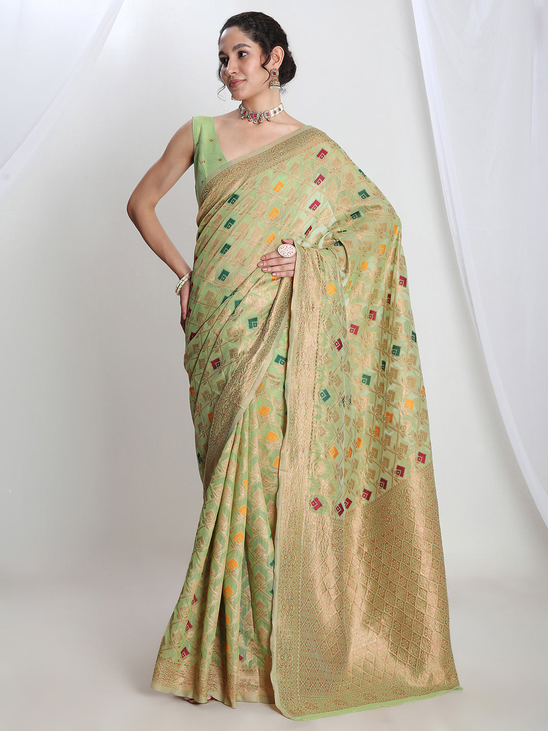 Janasya Green Linen Blend Geometric Jacquard Saree - Distacart