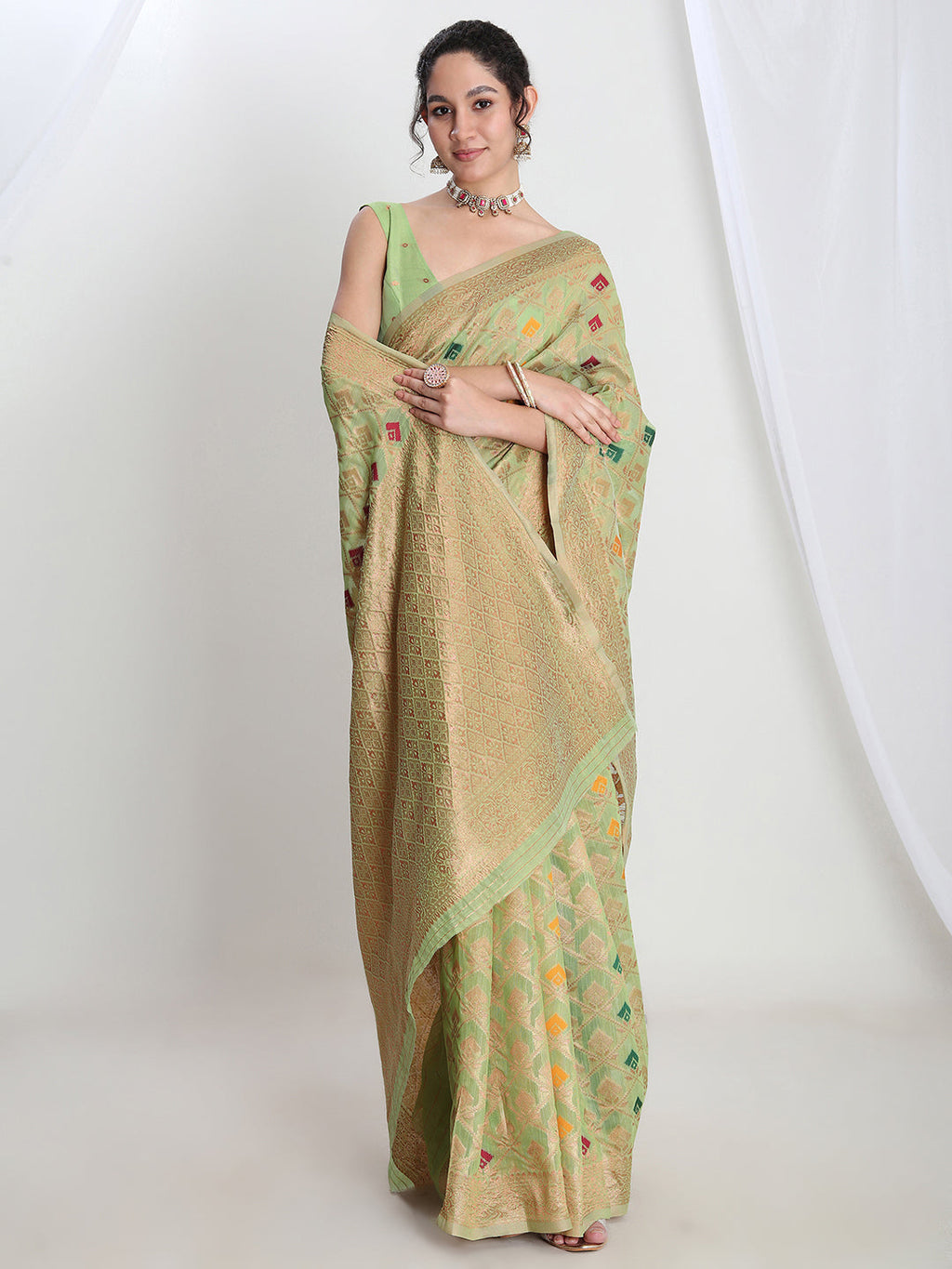 Janasya Green Linen Blend Geometric Jacquard Saree - Distacart