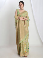 Janasya Green Linen Blend Geometric Jacquard Saree - Distacart