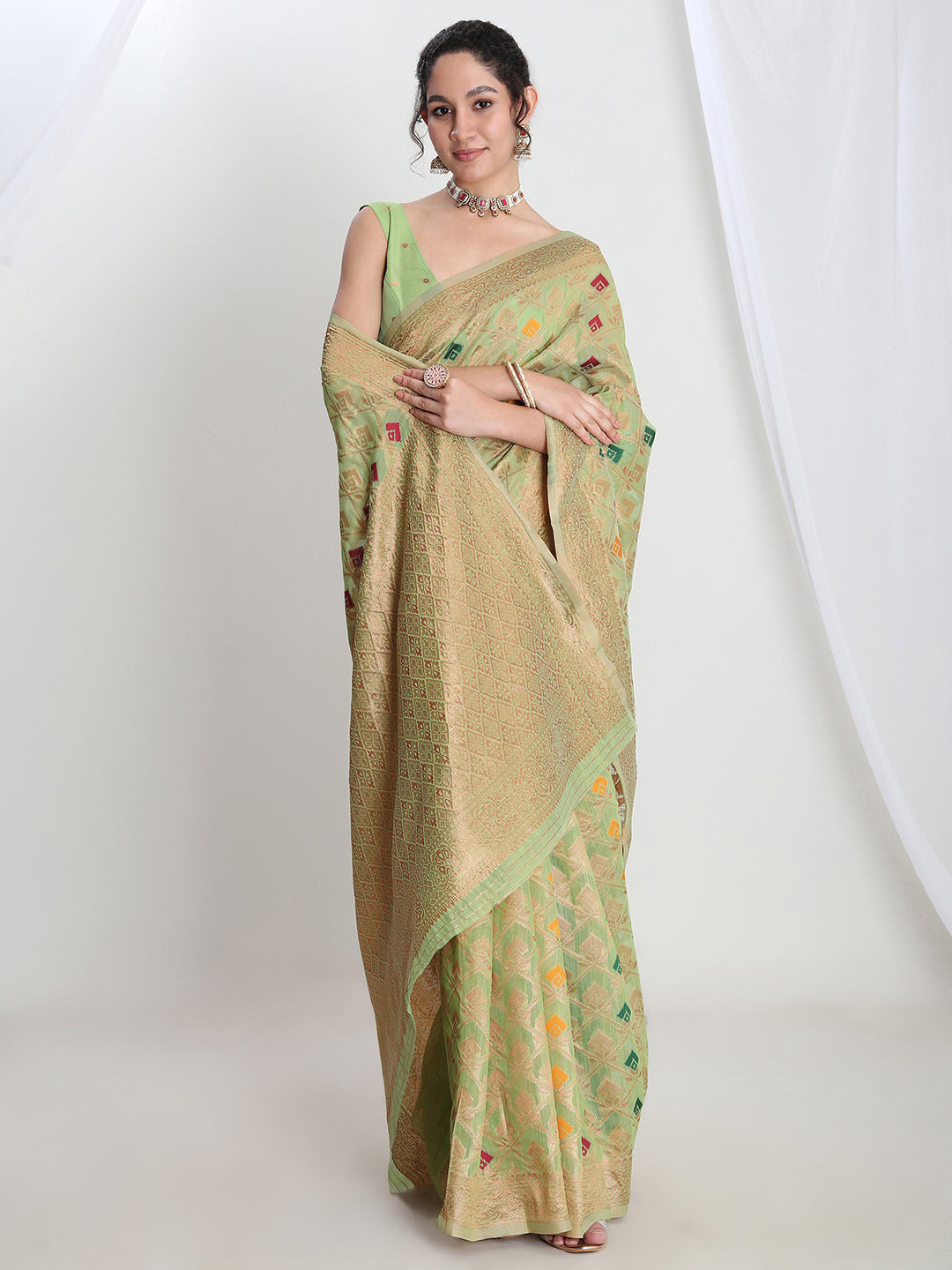 Janasya Green Linen Blend Geometric Jacquard Saree - Distacart