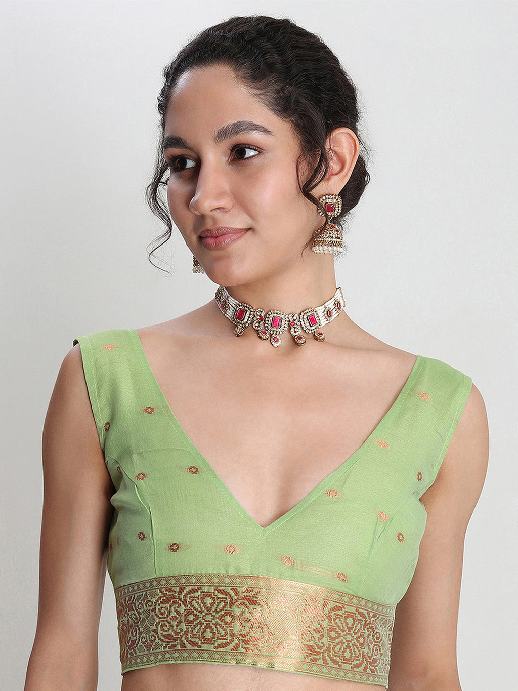 Janasya Green Linen Blend Geometric Jacquard Saree - Distacart