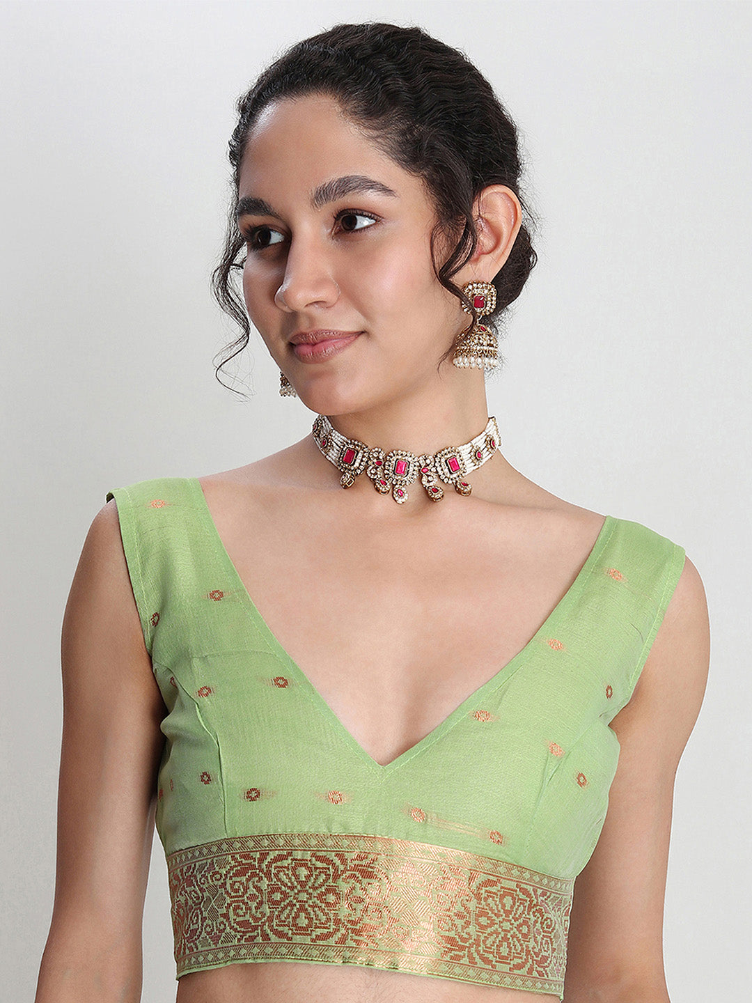 Janasya Green Linen Blend Geometric Jacquard Saree - Distacart