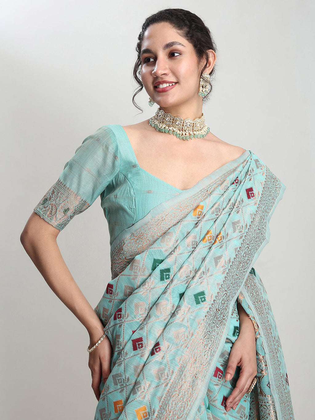 Janasya Sea Green Linen Blend Geometric Jacquard Saree - Distacart