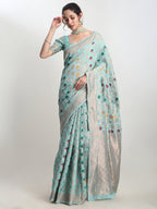 Janasya Sea Green Linen Blend Geometric Jacquard Saree - Distacart