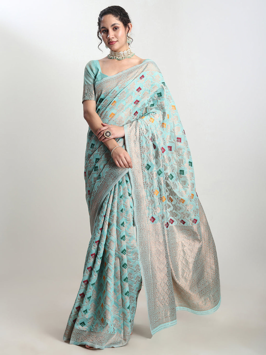Janasya Sea Green Linen Blend Geometric Jacquard Saree - Distacart