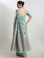 Janasya Sea Green Linen Blend Geometric Jacquard Saree - Distacart