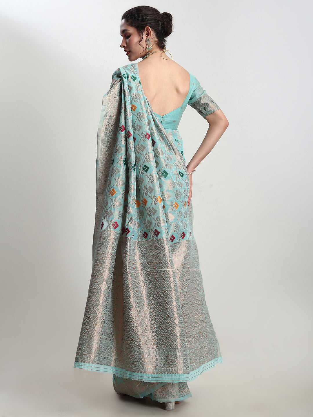 Janasya Sea Green Linen Blend Geometric Jacquard Saree - Distacart