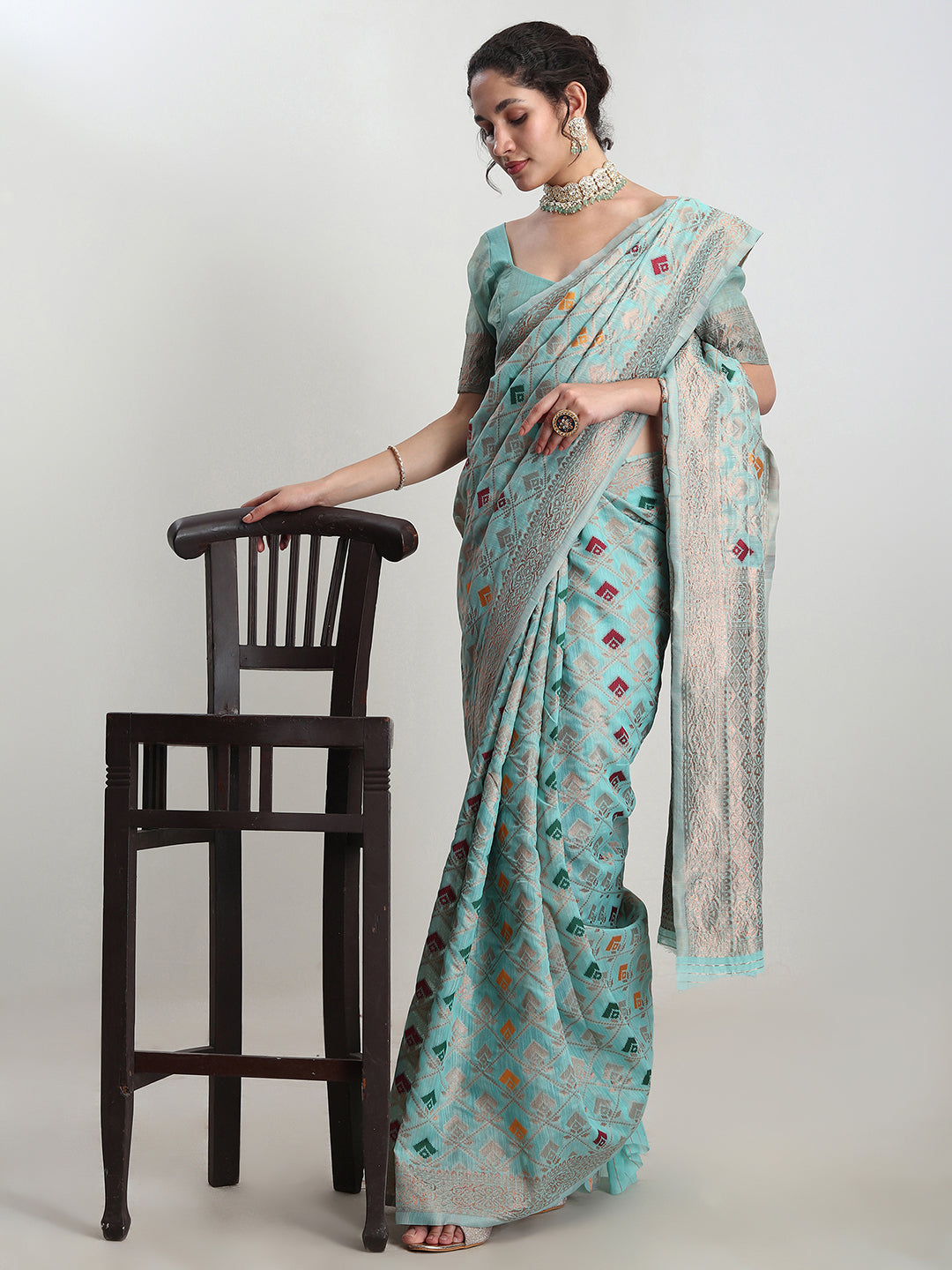 Janasya Sea Green Linen Blend Geometric Jacquard Saree - Distacart