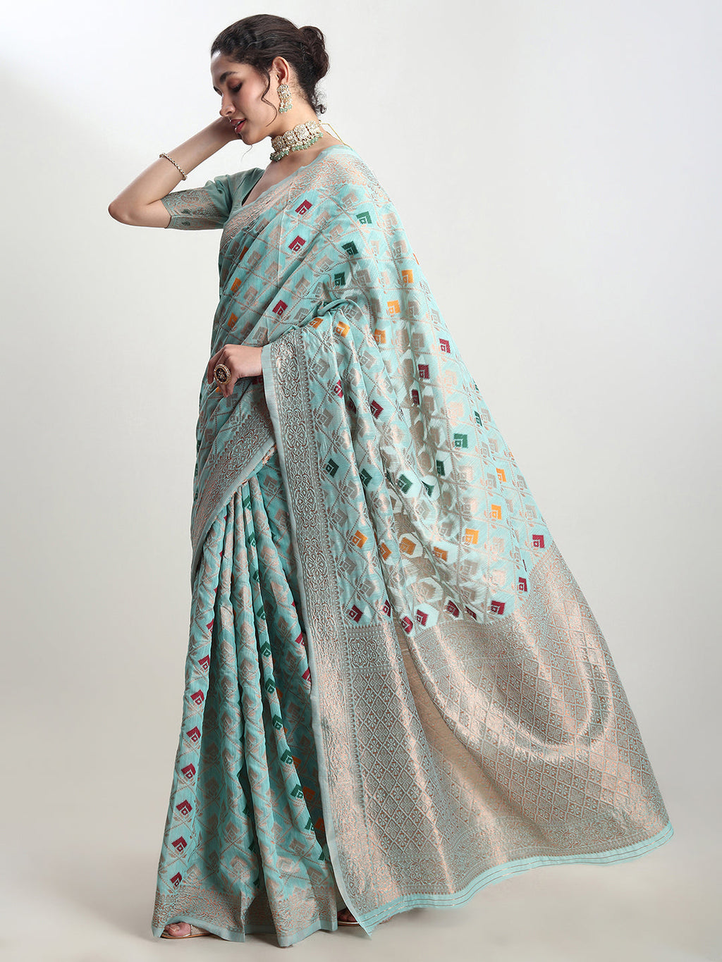 Janasya Sea Green Linen Blend Geometric Jacquard Saree - Distacart