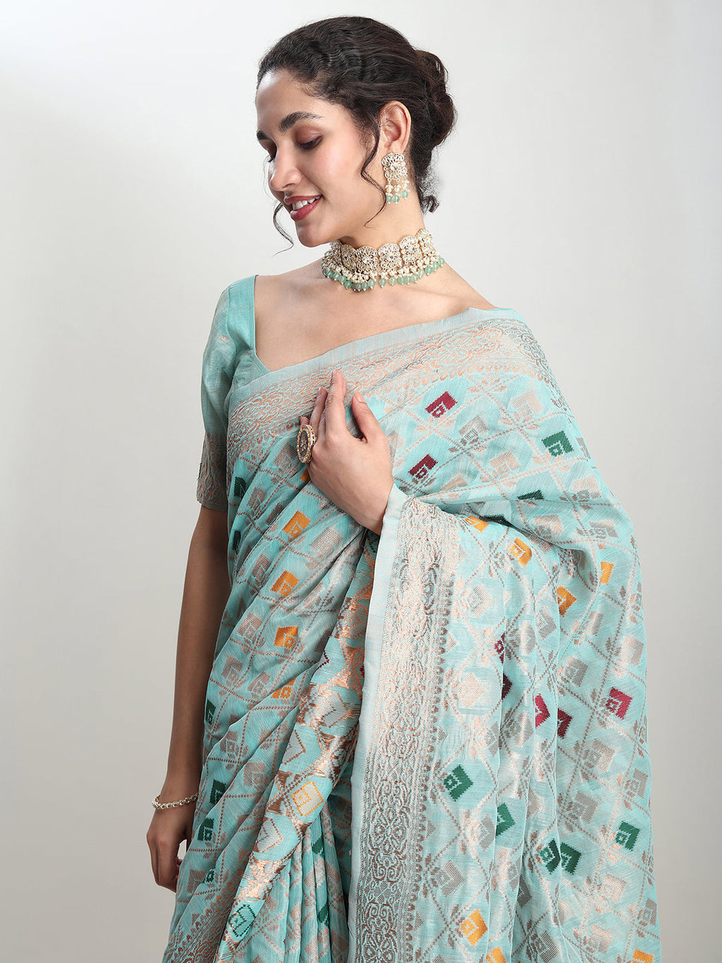 Janasya Sea Green Linen Blend Geometric Jacquard Saree - Distacart