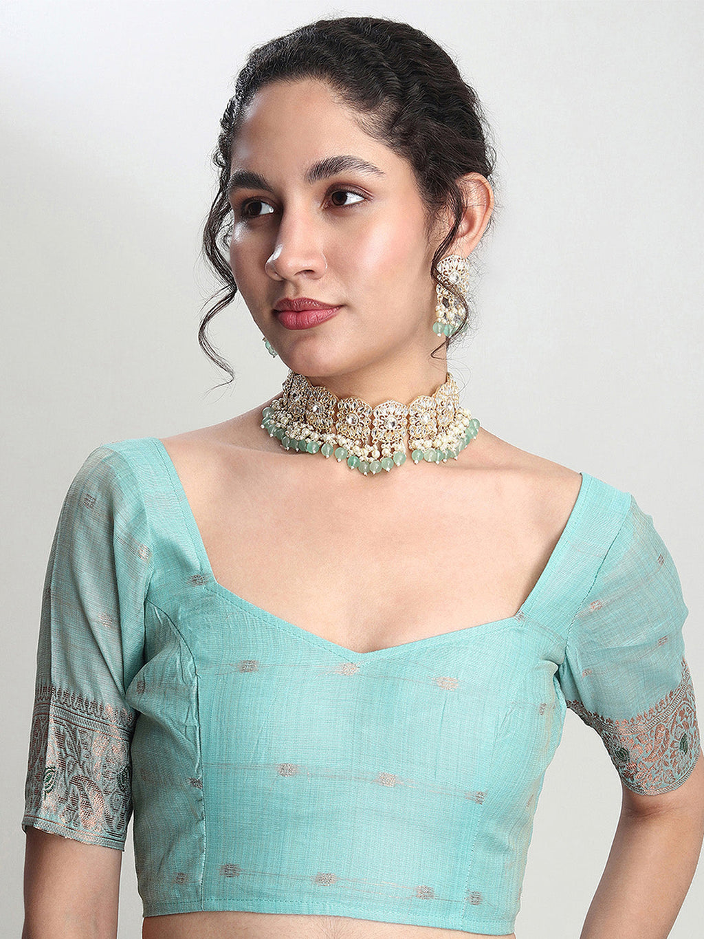 Janasya Sea Green Linen Blend Geometric Jacquard Saree - Distacart