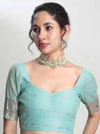 Janasya Sea Green Linen Blend Geometric Jacquard Saree - Distacart