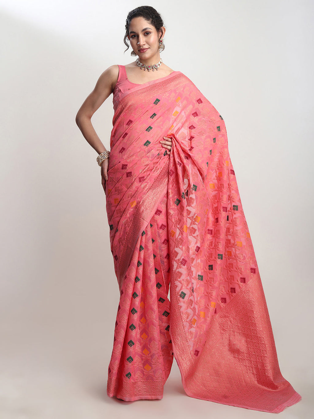 Janasya Peach Linen Blend Geometric Jacquard Saree - Distacart