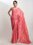 Janasya Peach Linen Blend Geometric Jacquard Saree - Distacart